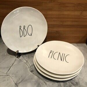 Rae Dunn Melamine 8" Plates (4)  BBQ PICNIC ROAST GRILL Salad Dessert Snack NEW